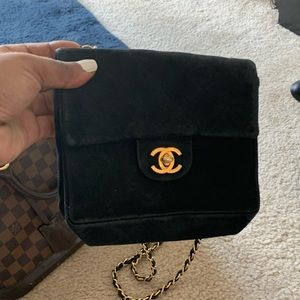 Authentic Chanel Bag black suede, gold rope chain
